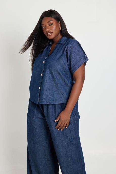 Plus Chambray Short Sleeve Button Down Shirt - Image 1