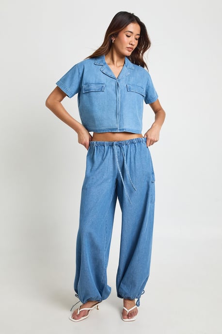 Chambray Cropped Short Sleeve Shirt - Image 1