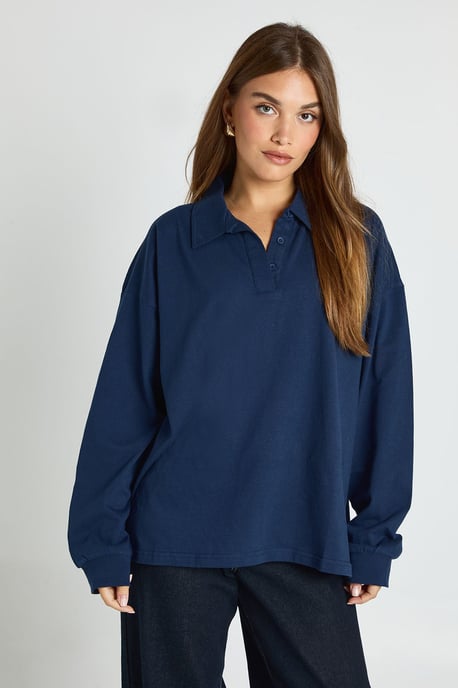 Heavy Cotton Button Detail Collared Rugby Top - Image 1
