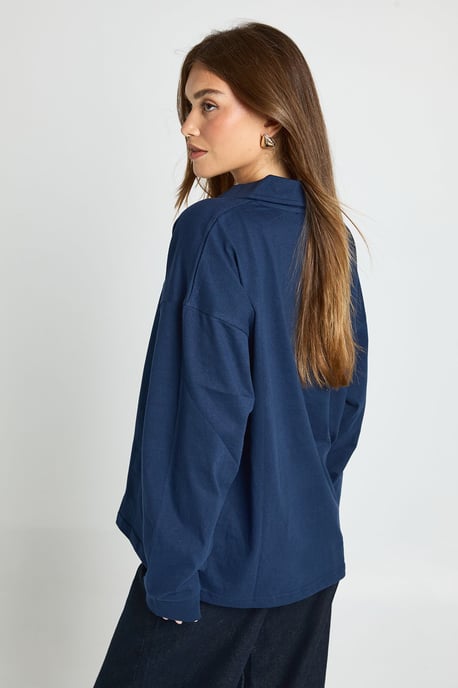 Heavy Cotton Button Detail Collared Rugby Top - Image 2