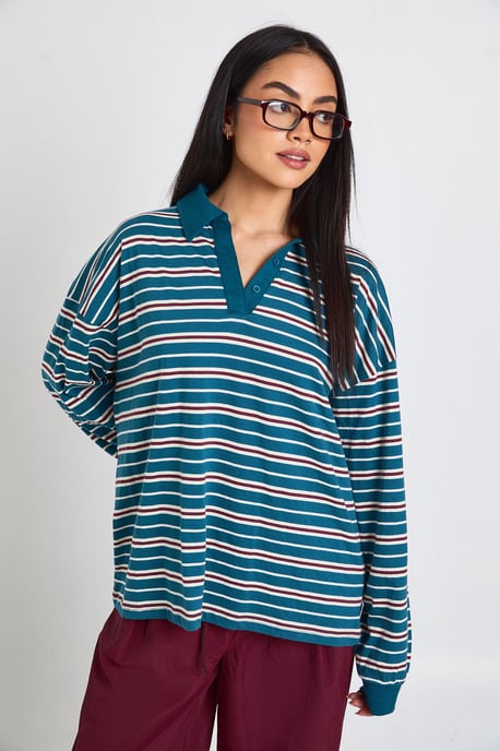 Striped Heavy Cotton Collared Rugby Top - Image 1