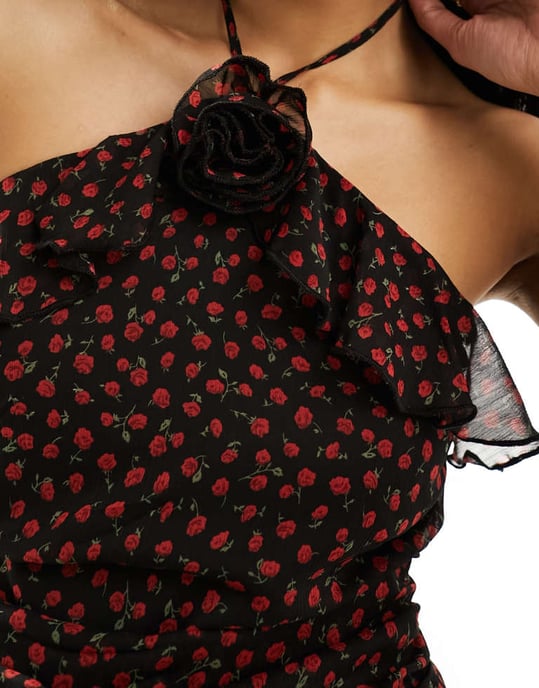 Miss Selfridge chiffong corsage halterneck-topp i rosafärgad tryck - Image 2