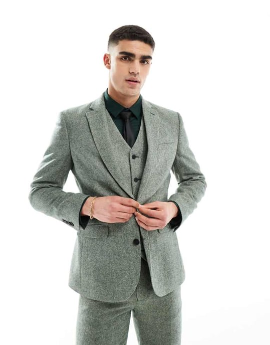 ASOS DESIGN slim fit wool mix suit jacket in bottle green tweed - Image 1