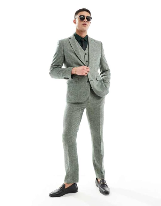 ASOS DESIGN slim fit wool mix suit jacket in bottle green tweed - Image 4