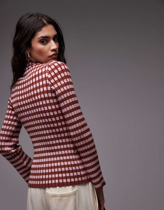 Topshop knitted plated check long sleeve top in multi - Image 4