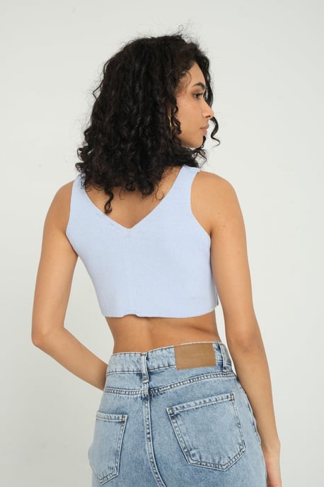 V-ringad stickad ribbad crop top med dragkedja - Image 3