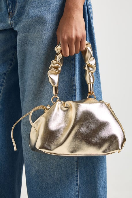 Metallic Ruched Detachable Handle Grab Bag - Image 1
