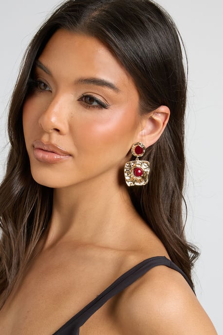 Statement Red Stone Hammered Drop Earrings - Image 1