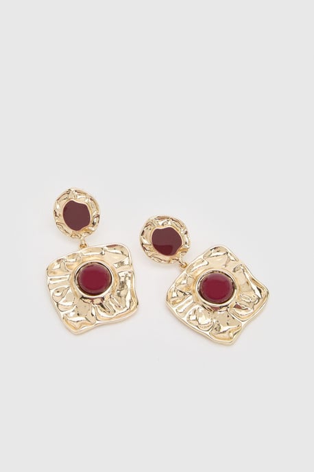Statement Red Stone Hammered Drop Earrings - Image 3