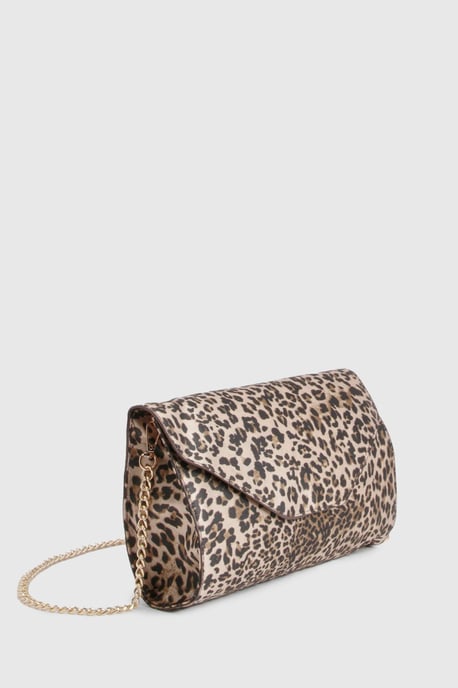 Leopard Print Satin Fold Over Structured Clutch Bag - Image 3