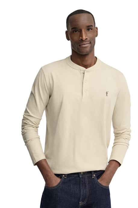 Beige T-shirt met een henley-kraag en geborduurd Rigby Go-logo - Image 2