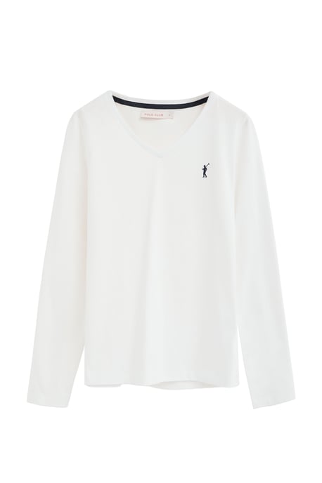 Wit T-shirt met lange mouwen, V-hals en geborduurd Rigby Go-logo - Image 1