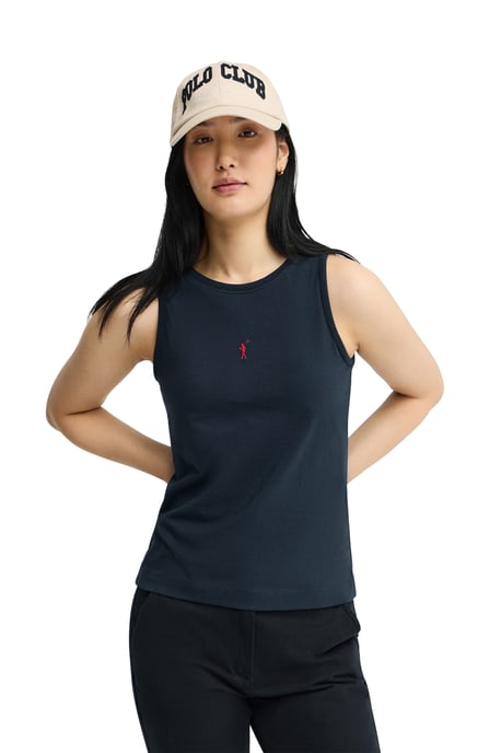 Marineblauw T-shirt zonder mouwen met slim fit en geborduurd Rigby Go-logo - Image 2