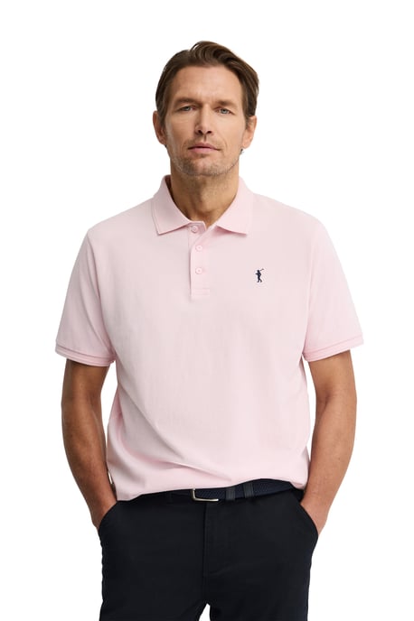 Pink short-sleeve polo shirt with Rigby Go embroidered logo - Image 2