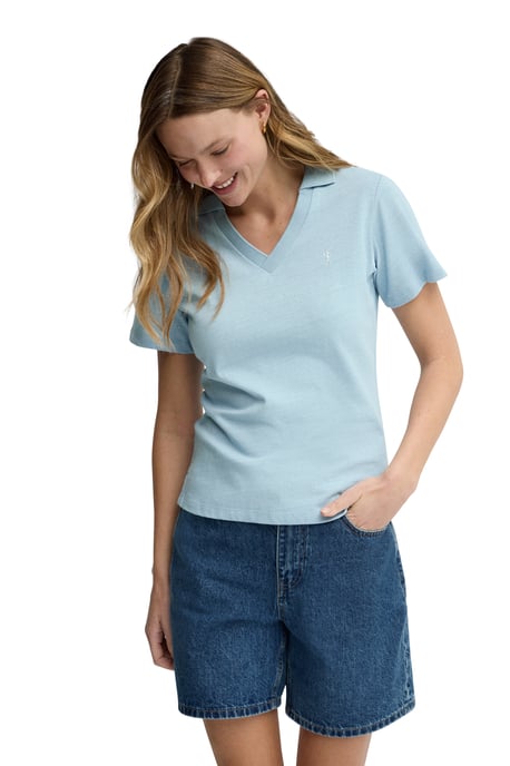 Lichtblauwe katoen-linnen polo met kraag zonder knopen en geborduurd Rigby Go-logo - Image 2