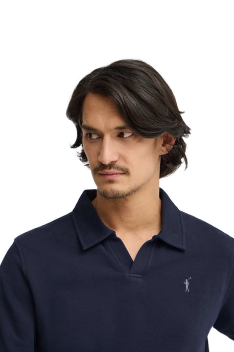 Marineblauwe polo met een subtiele microstructuur en geborduurd Rigby Go-logo - Image 4