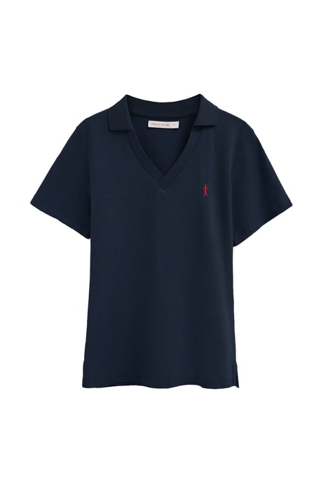 Marineblauwe katoen-linnen polo met kraag zonder knopen en geborduurd Rigby Go-logo - Image 1