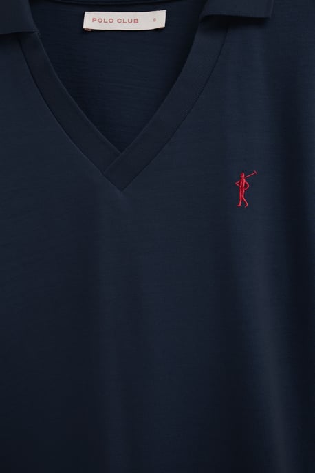 Marineblauwe katoen-linnen polo met kraag zonder knopen en geborduurd Rigby Go-logo - Image 3