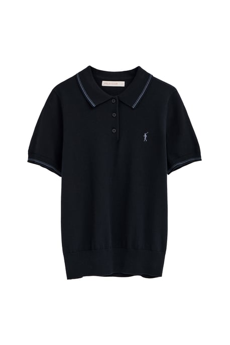 Marineblauw trui met korte mouwen, polokraag en geborduurd Rigby Go-logo - Image 1