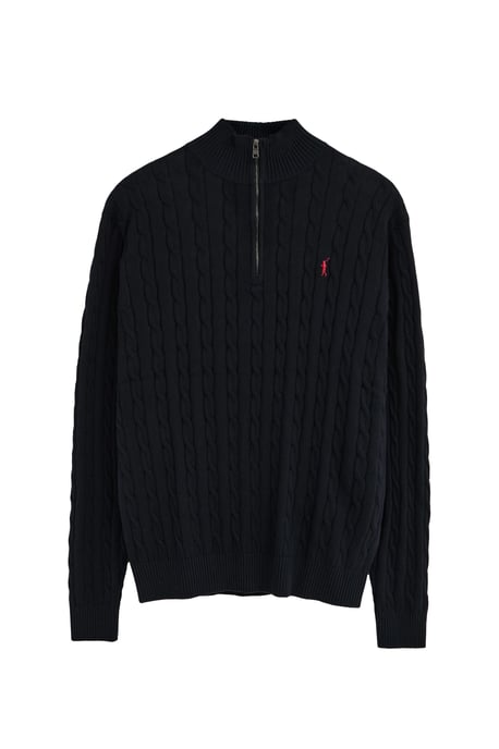 Navy-blue cable-knit jumper with zipped neck and Rigby Go logo - Image 1