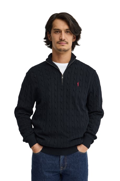 Navy-blue cable-knit jumper with zipped neck and Rigby Go logo - Image 2
