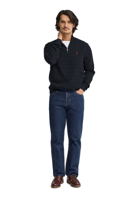 Navy-blue cable-knit jumper with zipped neck and Rigby Go logo - Image 3