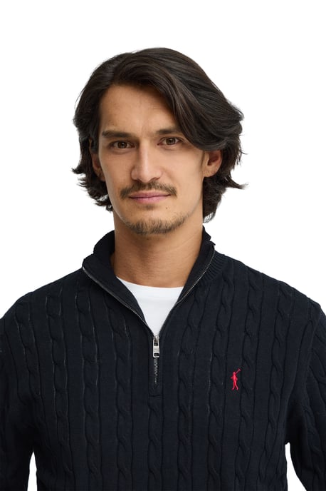 Navy-blue cable-knit jumper with zipped neck and Rigby Go logo - Image 4