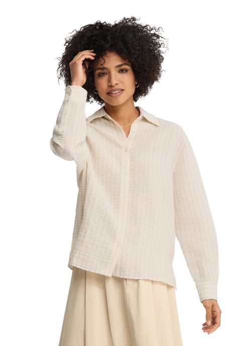 Beige gestreept hemd met een subtiel kreukeffect, loose fit en een geborduurd Rigby Go-logo - Image 2