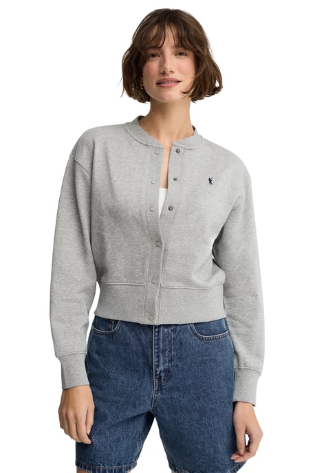 Gemêleerd grijze cardigan van sweatstof met geborduurd Rigby Go-logo - Image 2