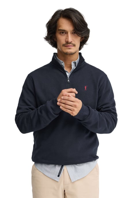Marineblauwe sweater met opstaande kraag, rits en geborduurd Rigby Go-logo - Image 2