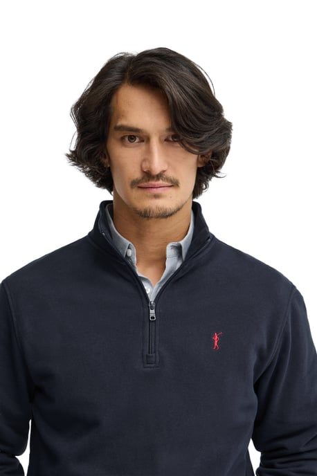 Marineblauwe sweater met opstaande kraag, rits en geborduurd Rigby Go-logo - Image 4