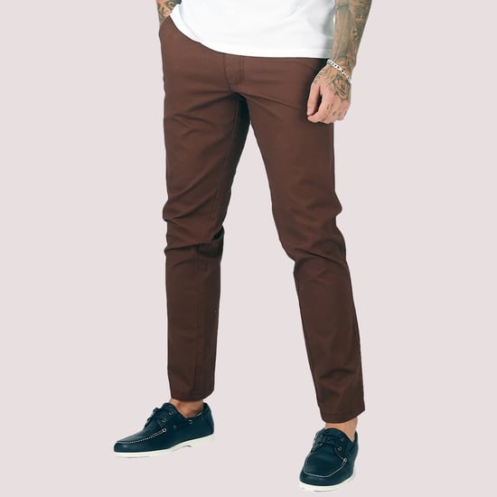 Mens Brown Chino Trousers Stretch Skinny Leg Pants - Image 2