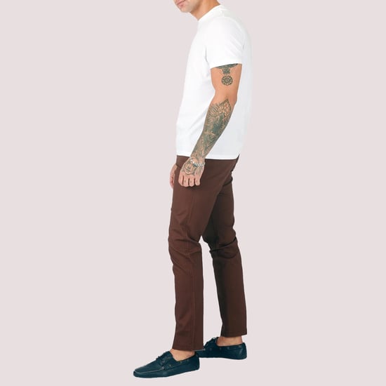 Mens Brown Chino Trousers Stretch Skinny Leg Pants - Image 3