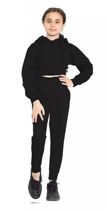 Girls Black Tracksuit Set Crop Zipped Kids Hooded Long Sleeve Trouser - Image 1