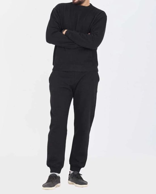 Crewneck Tracksuit Mens Black Plain Fleece Sweatshirts - Image 1