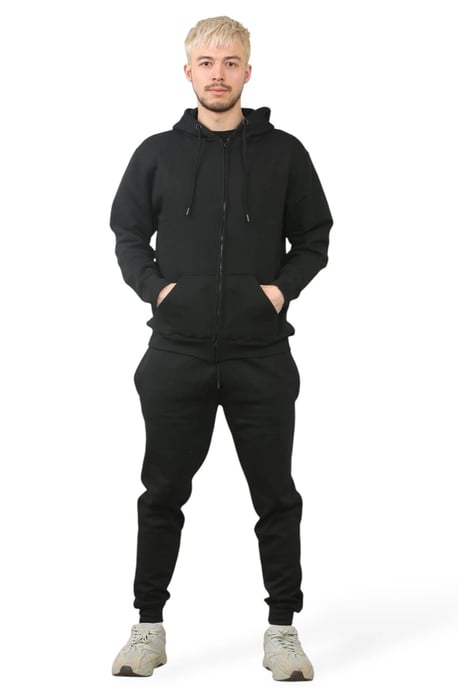 Hooded Zip Mens Black Tracksuit Pockets Fleece - Image 1