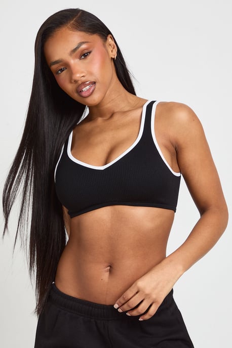Contour Ribbed Seamless Contrast Binding Padded Sports Bra - Image 1