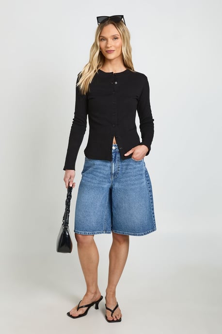 Petite Rib Button Through Long Sleeve Top - Image 3