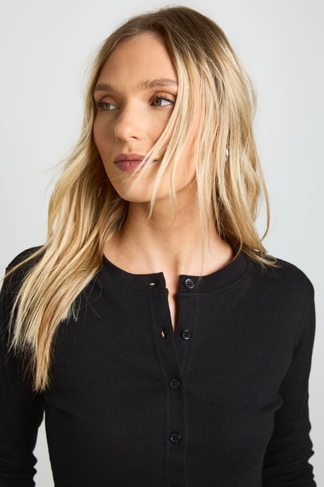 Petite Rib Button Through Long Sleeve Top - Image 4