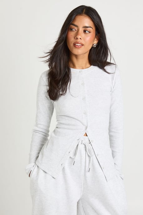 Rib Button Through Long Sleeve Top Tracksuit - Image 4