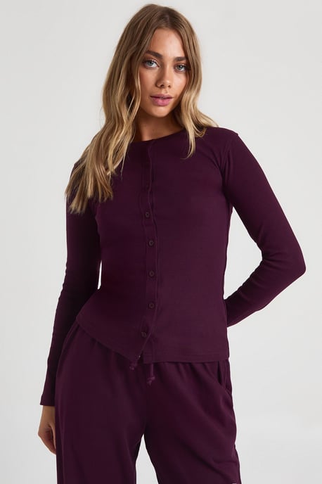 Rib Button Through Long Sleeve Top - Image 1