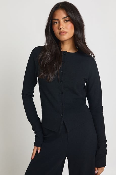 Tall Rib Button Through Long Sleeve Top and Wide Leg Trouser Co-ord - Image 3