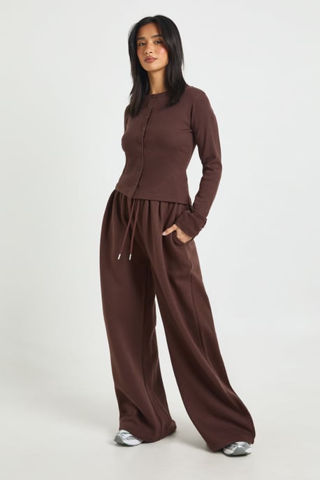 Petite Rib Button Through Long Sleeve Top Tracksuit - Image 1