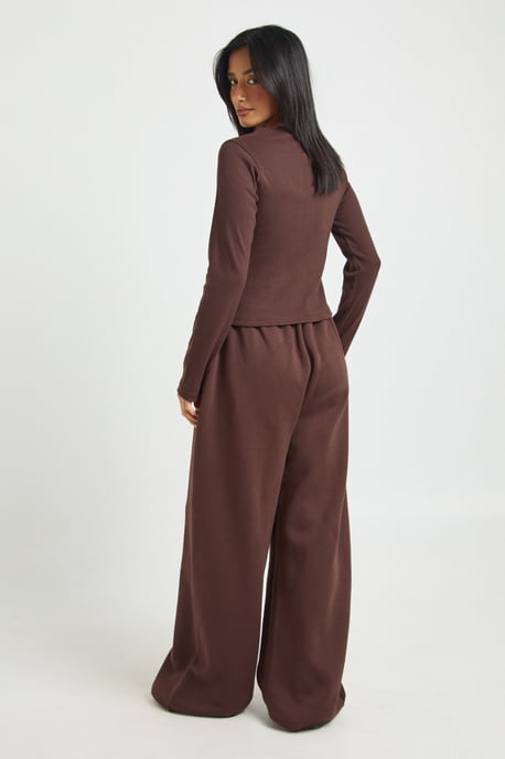 Petite Rib Button Through Long Sleeve Top Tracksuit - Image 2