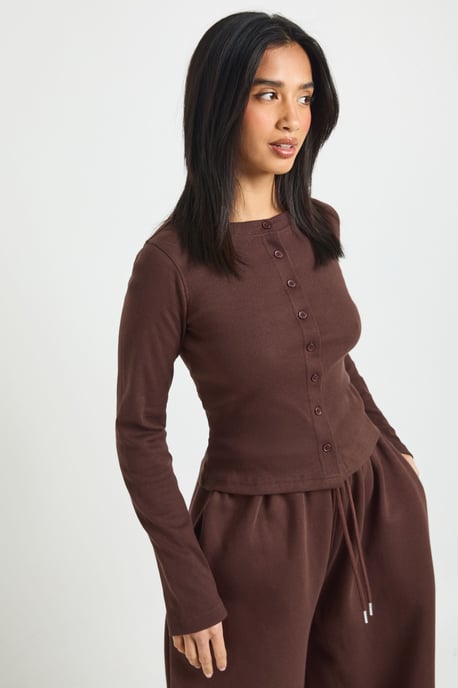 Petite Rib Button Through Long Sleeve Top Tracksuit - Image 3