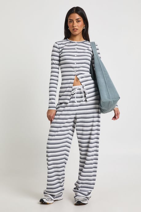 Stripe Rib Button Through Long Sleeve Top & Trouser Co Ord - Image 1