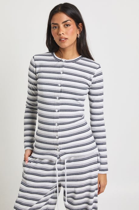 Stripe Rib Button Through Long Sleeve Top & Trouser Co Ord - Image 3