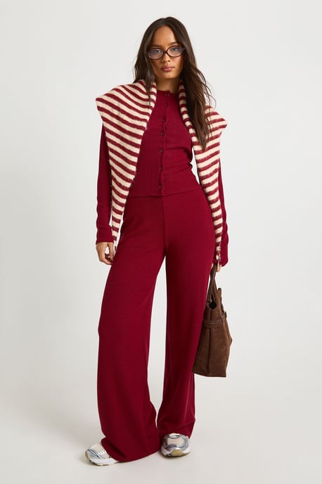Rib Button Through Long Sleeve Top and Wide Leg Trouser Co-ord - Image 1