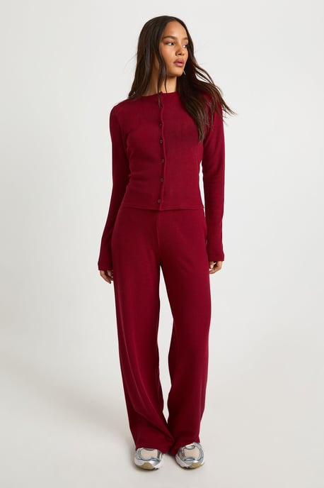 Rib Button Through Long Sleeve Top and Wide Leg Trouser Co-ord - Image 3