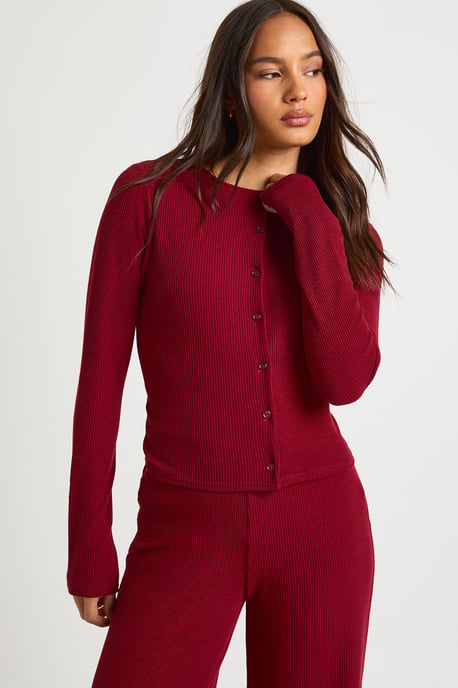 Rib Button Through Long Sleeve Top and Wide Leg Trouser Co-ord - Image 4
